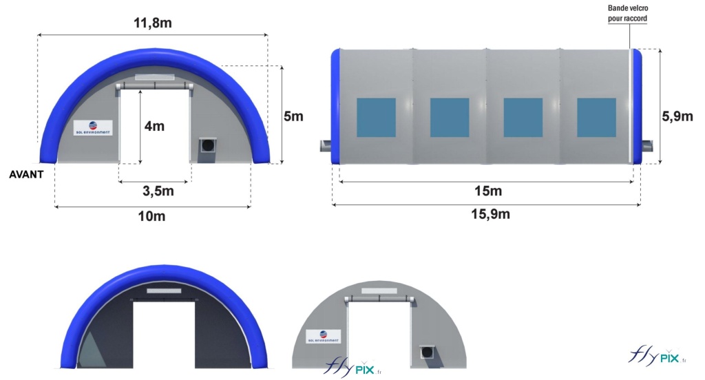 SOL ENVIRONNEMENT : Modélisation en 3D présentant  les détails d'un module en forme de tunnel pour un abri gonflable de chantier pour le BTP ou la dépollution de site. Vue du pignon avant et errière, avec les portes d'accès principales; vue de profil de la tente gonflable.