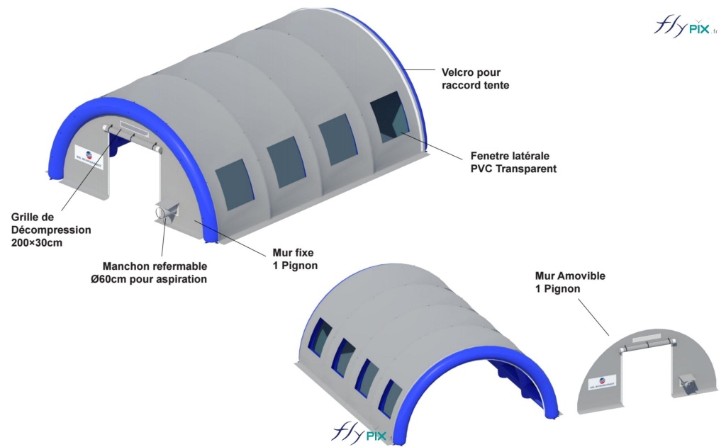 SOL ENVIRONNEMENT : Modélisation en 3D présentant les détails d'un module en forme de tunnel pour un abri gonflable de chantier pour le BTP ou la dépollution de site.