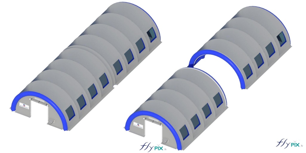 SOL ENVIRONNEMENT : Modélisation en 3D présentant le concept d'un abri gonflable en forme de tunnel, en 2 modules, avec des fenêtres et des points de jour.