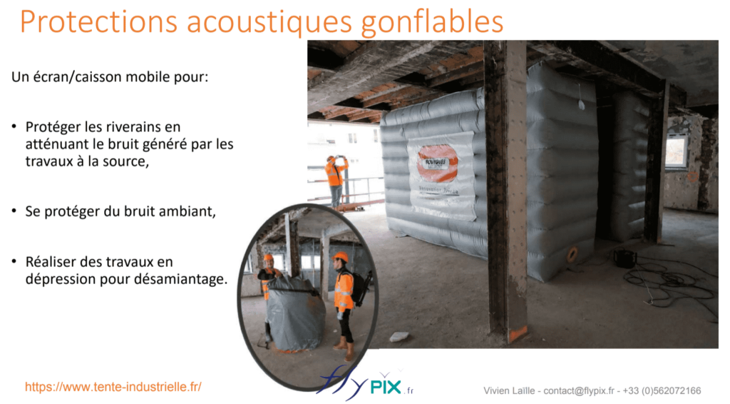 Bouygues / Chanel Paris : protections acoustiques gonflable, écrans gonflables et murs gonflables mobiles, pour contenir et limiter la propagation des bruits et des nuisances sonores dans le cadre de chantiers urbains, pour améliorer le confort des habitants.